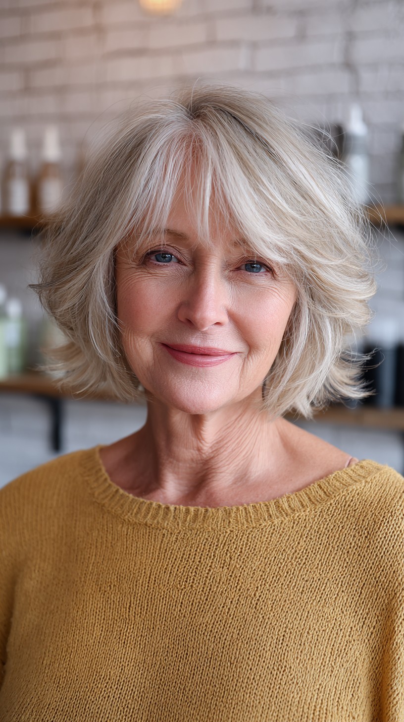 Feathered Silver Layered Bob for Elegant Volume