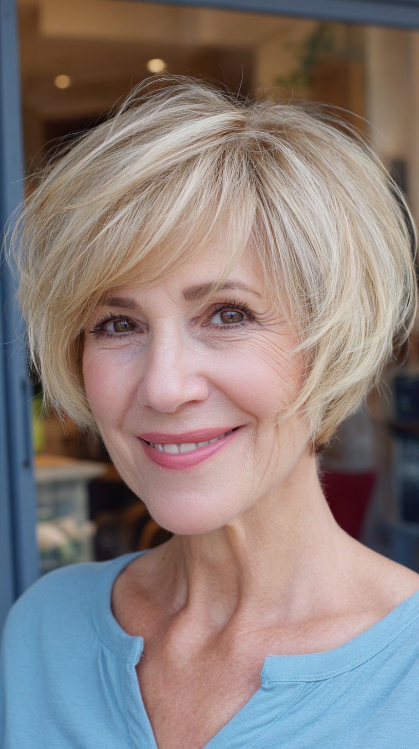 Golden Layered Bob with Feathered Edges