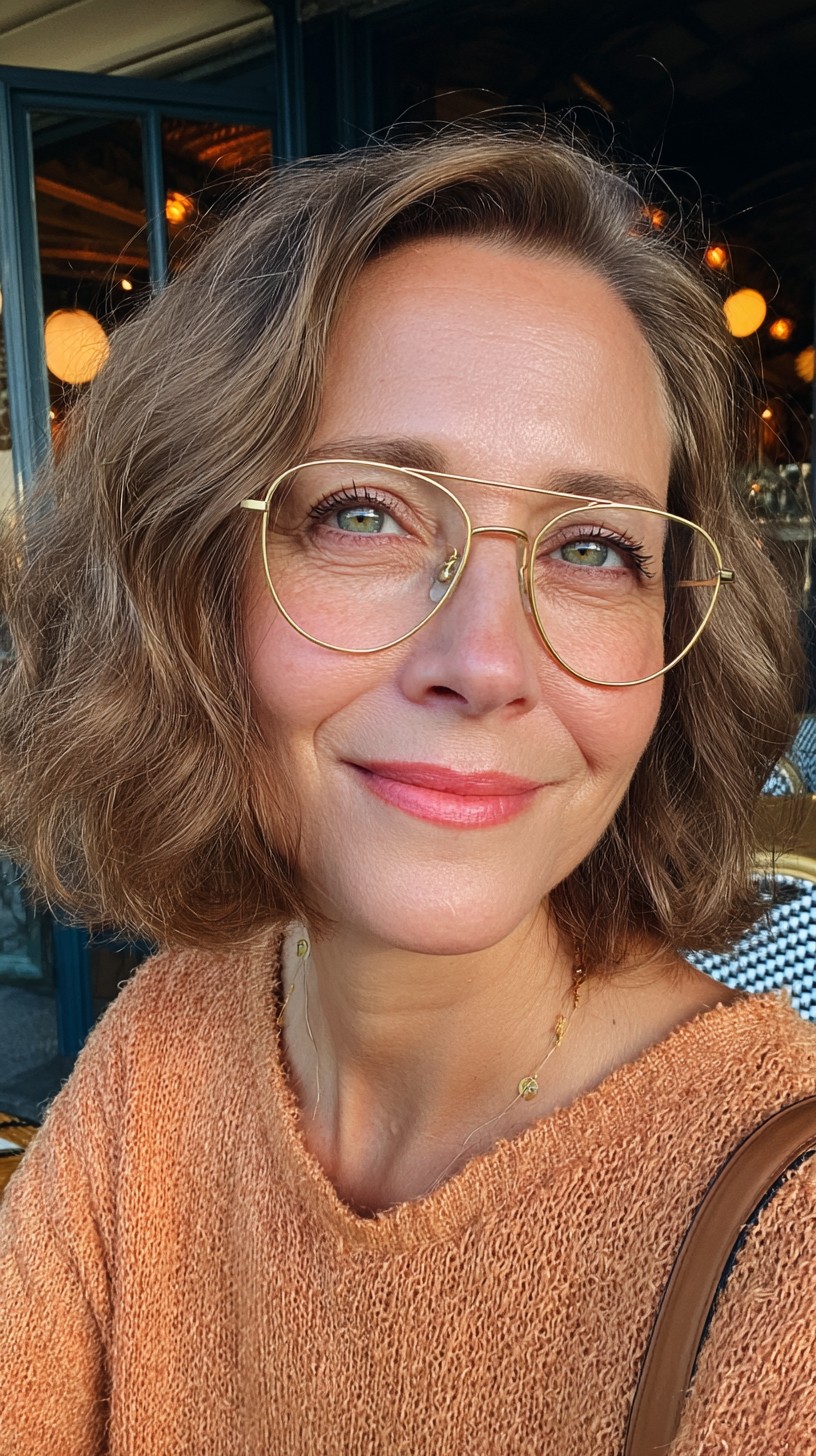 Graceful Taupe-Waved Bob with Slender Gold Frames