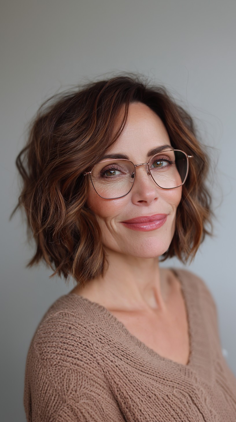 Playful Chestnut Textured Waves with Lightweight Frames
