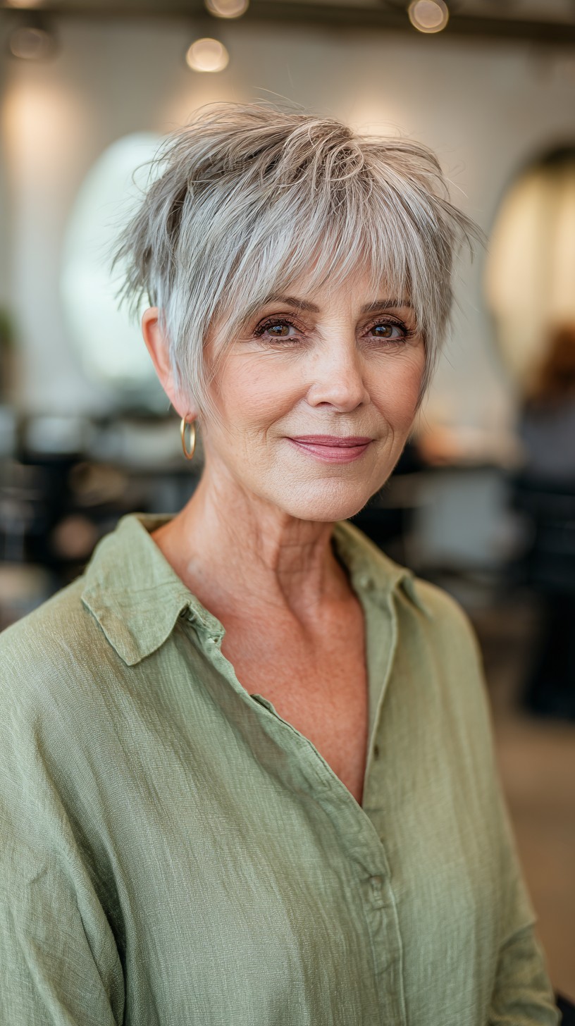 Playful Silver Feathered Crop for Stylish Seniors