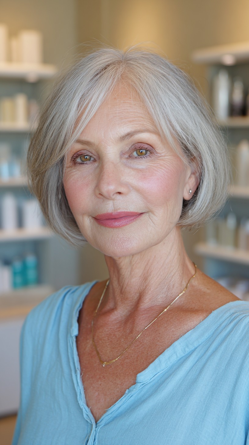 Silver Sleek Bob with Feathered Layers