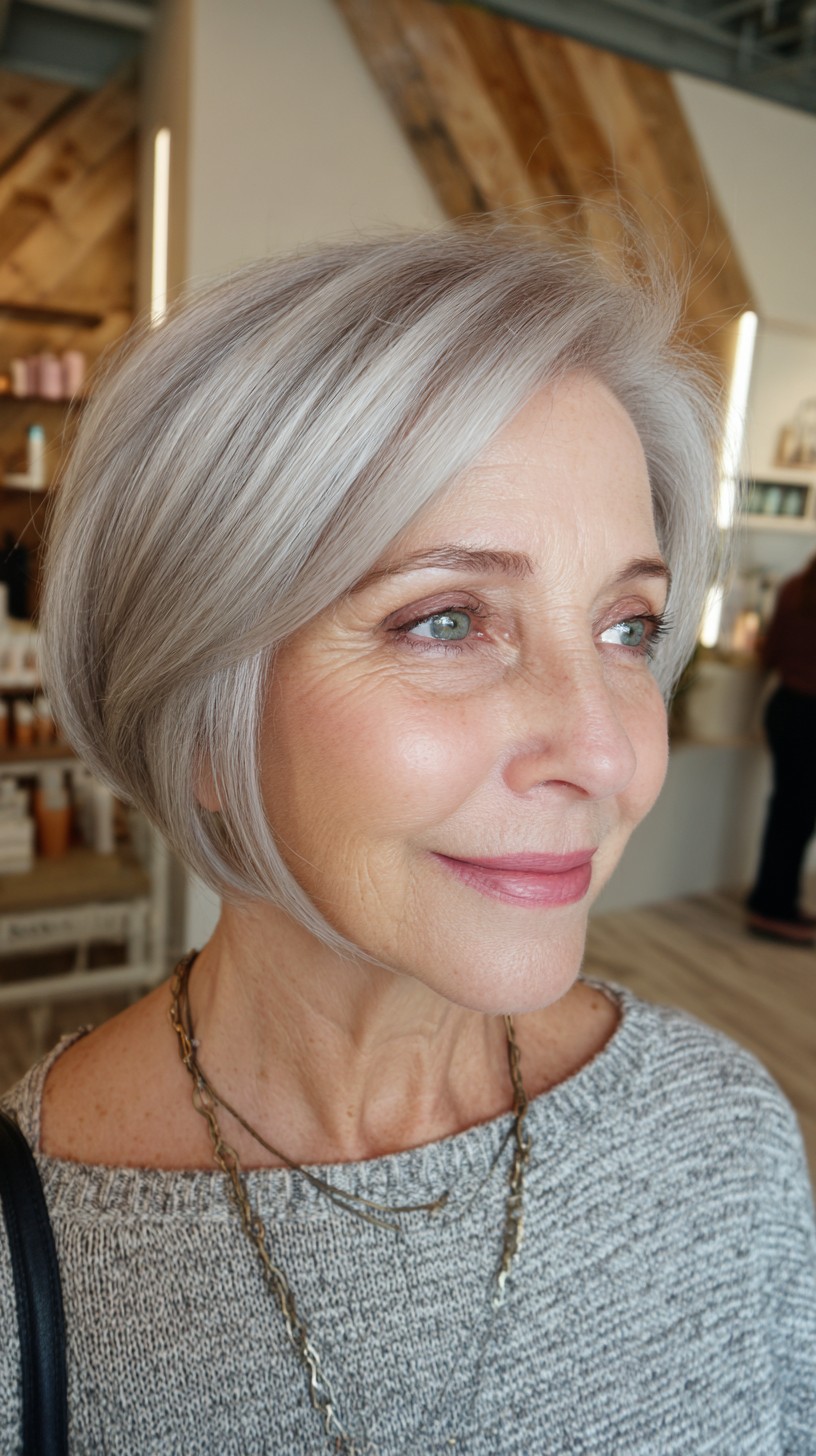 Sleek Silver Bob with Soft Textured Ends