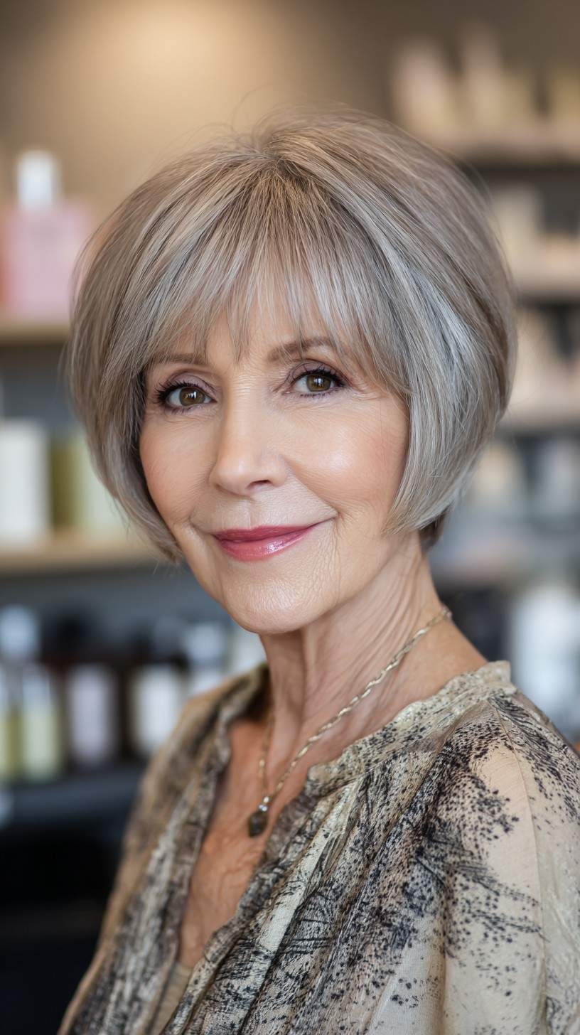 Sleek Silver Layered Bob for Mature Hair