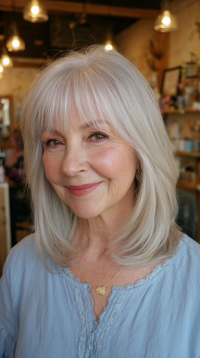 Soft Silver Long Layers with Wispy Bangs