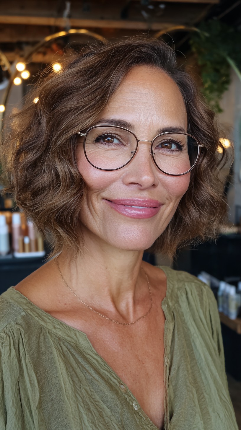 Sophisticated Chestnut Curls with Sleek Glasses
