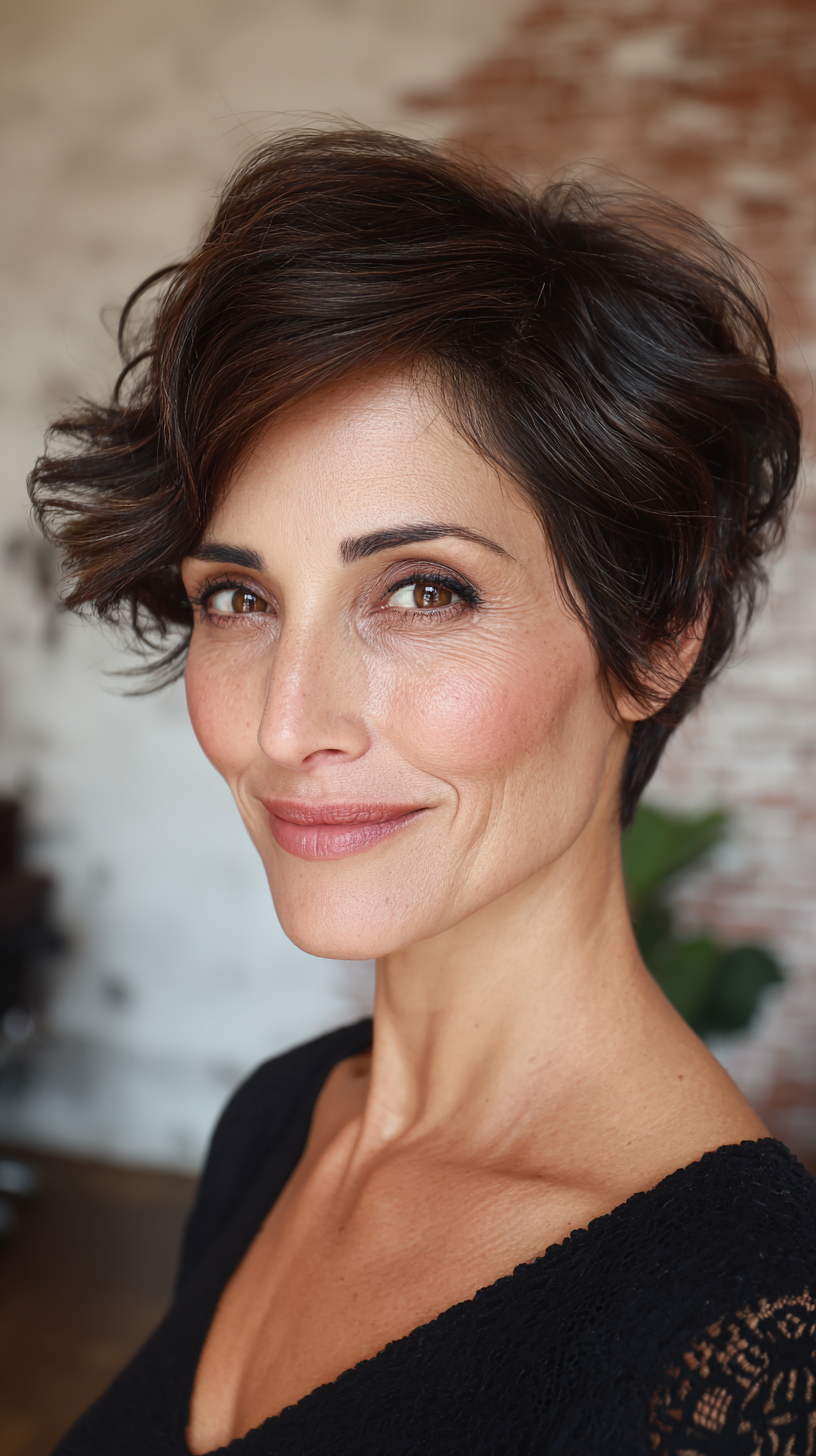 Stylish Wavy Pixie Cut with Soft Curls for Mature Women