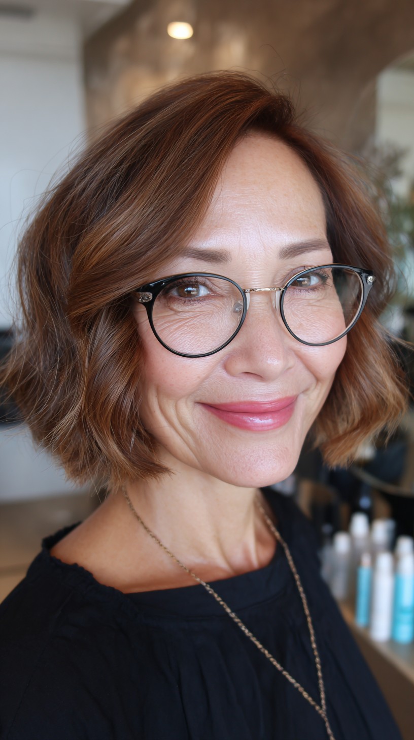 Subtle Cinnamon Layered Bob with Vintage-Inspired Glasses