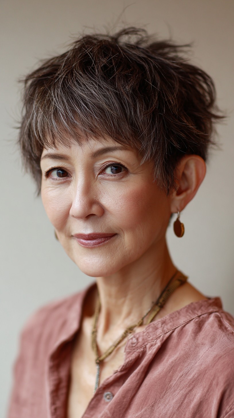 Textured Brunette Pixie with Soft Highlights