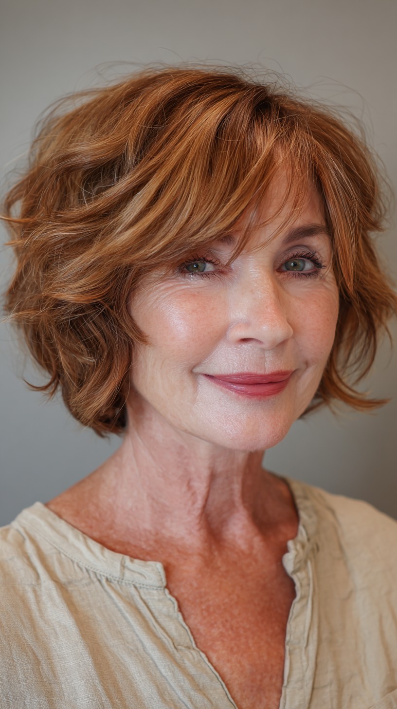 Textured Copper Layered Bob for Mature Thin Hair