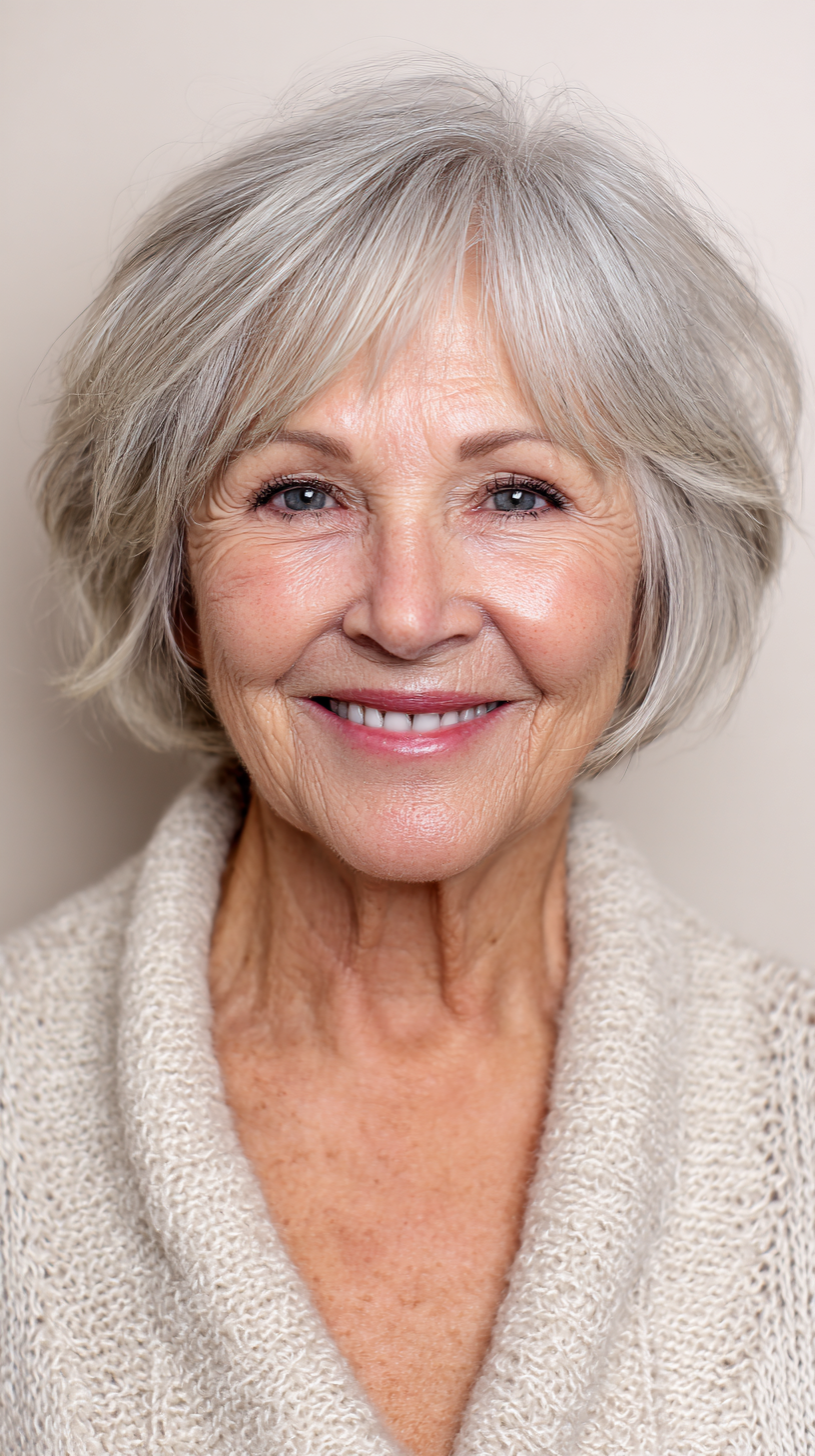 Textured Silver Bob with Soft Feathered Layers