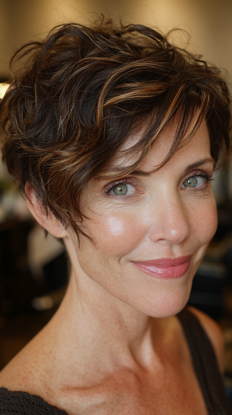Textured Wavy Pixie Cut with Caramel Highlights