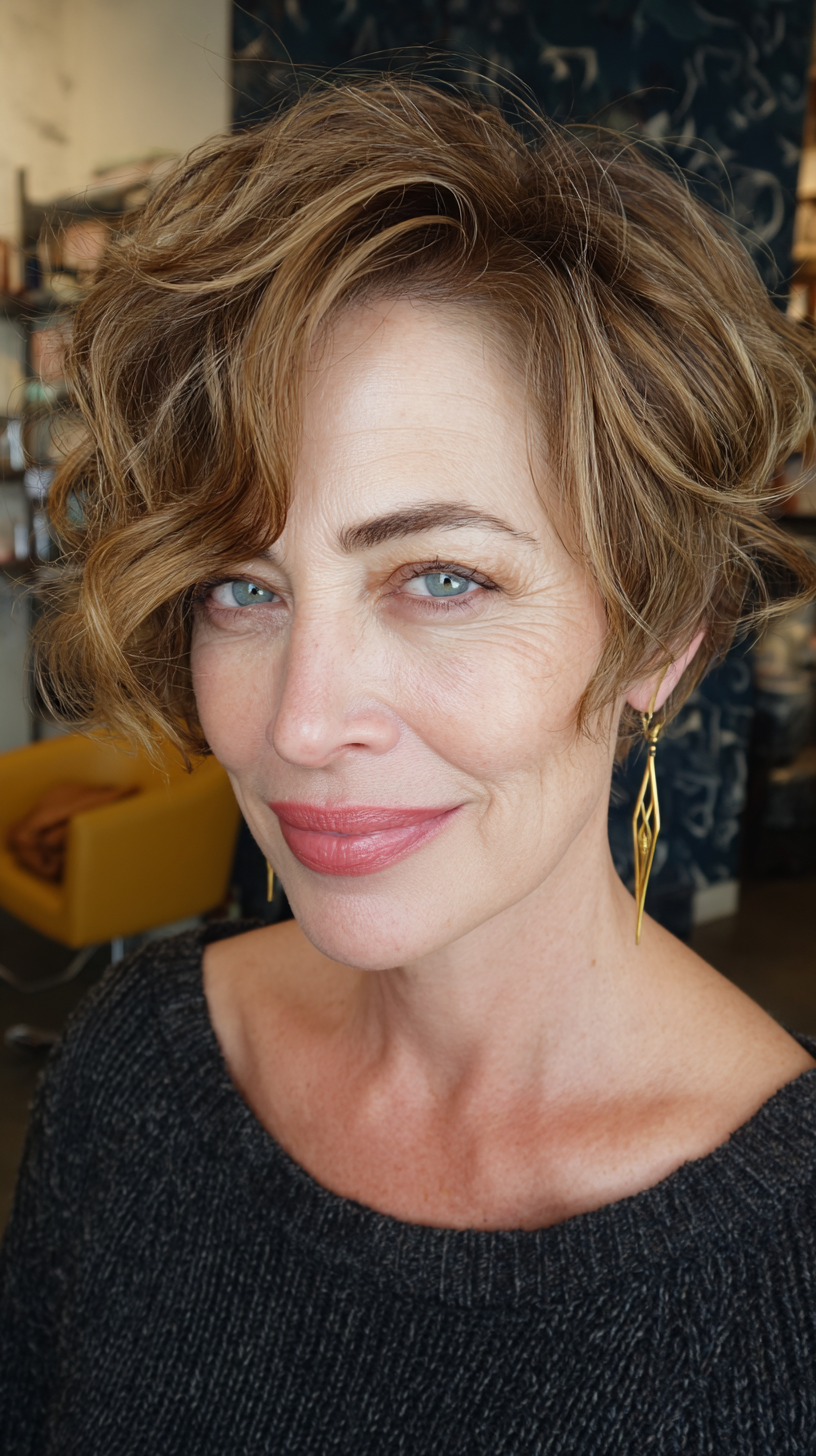 Textured Wavy Pixie Cut with Defined Curls for Mature Women