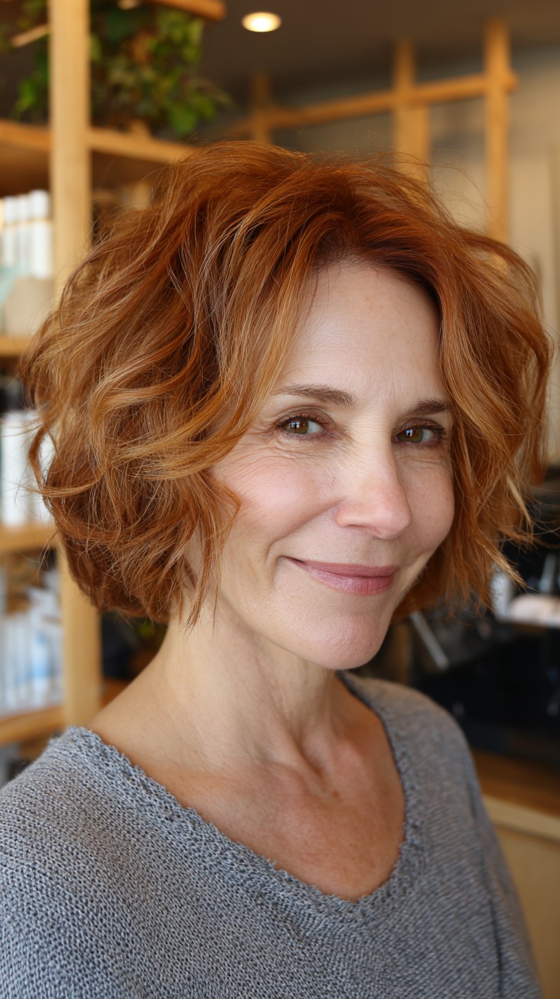 Warm Auburn Curly Bob with Luminous Highlights