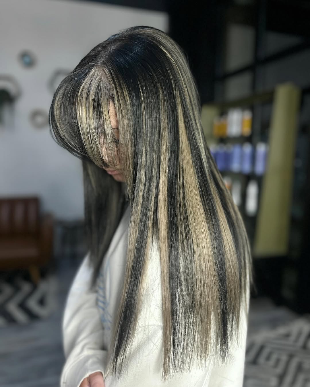 Bold Black and Creamy Streaked Locks