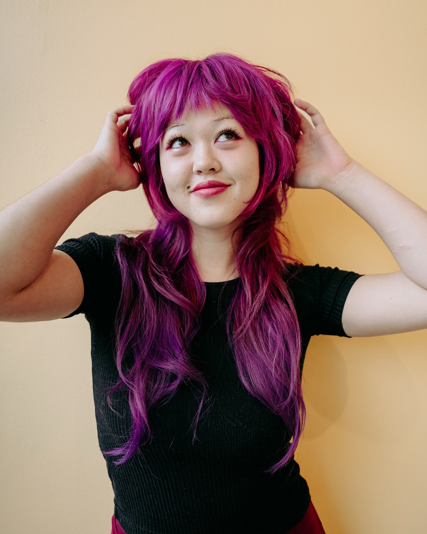 Vibrant Magenta Mullet-Shag with Feathered Bangs