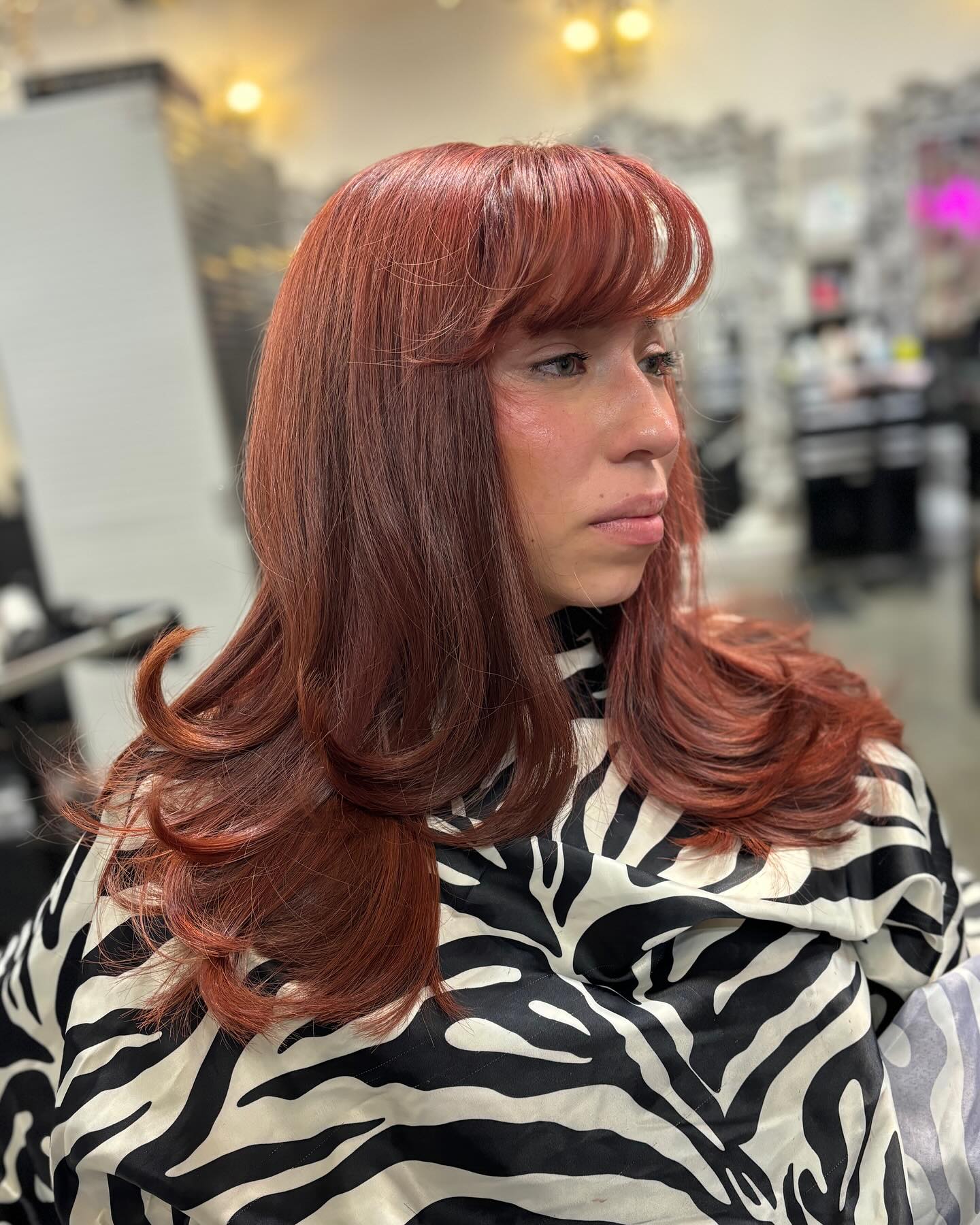 Warm Copper Feathered Blowout with Rounded Fringe