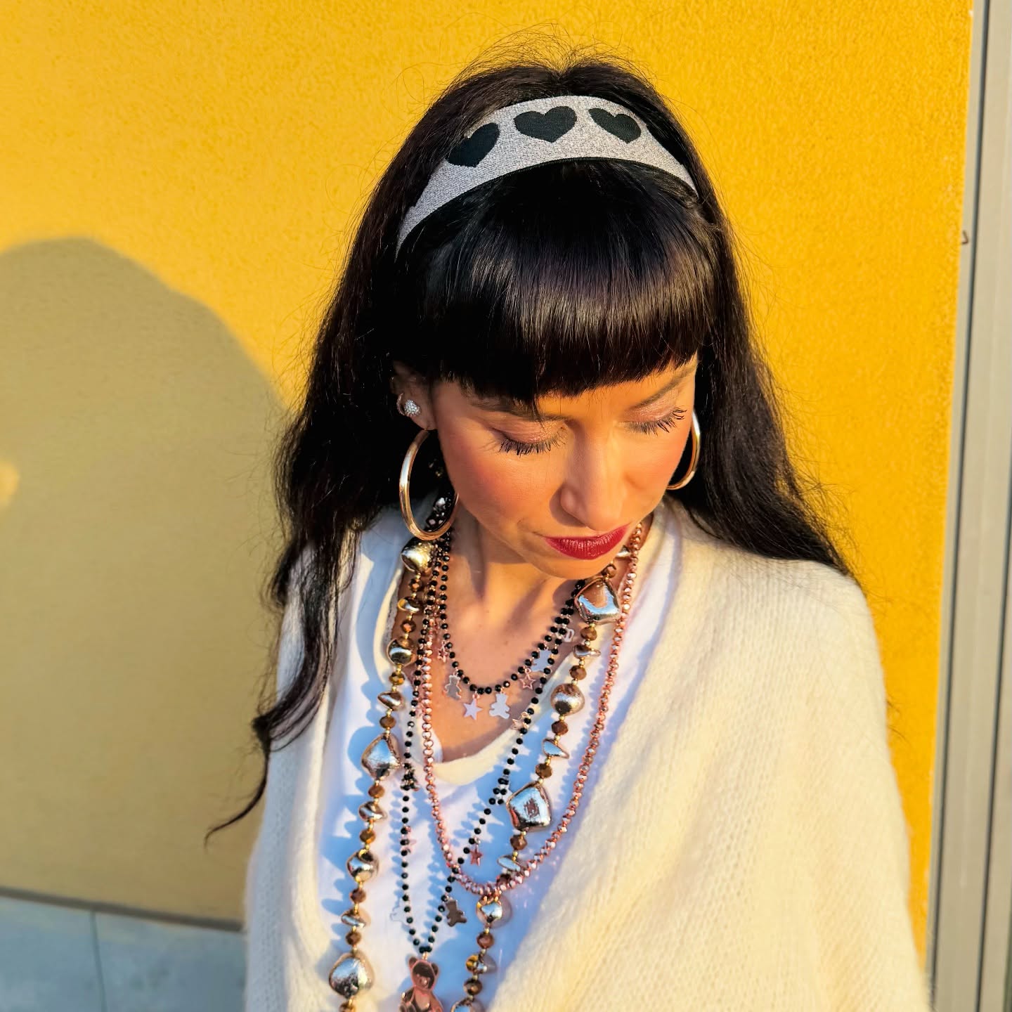 Blunt Micro-Bang with Long Natural Gloss and Wide Heart Headband