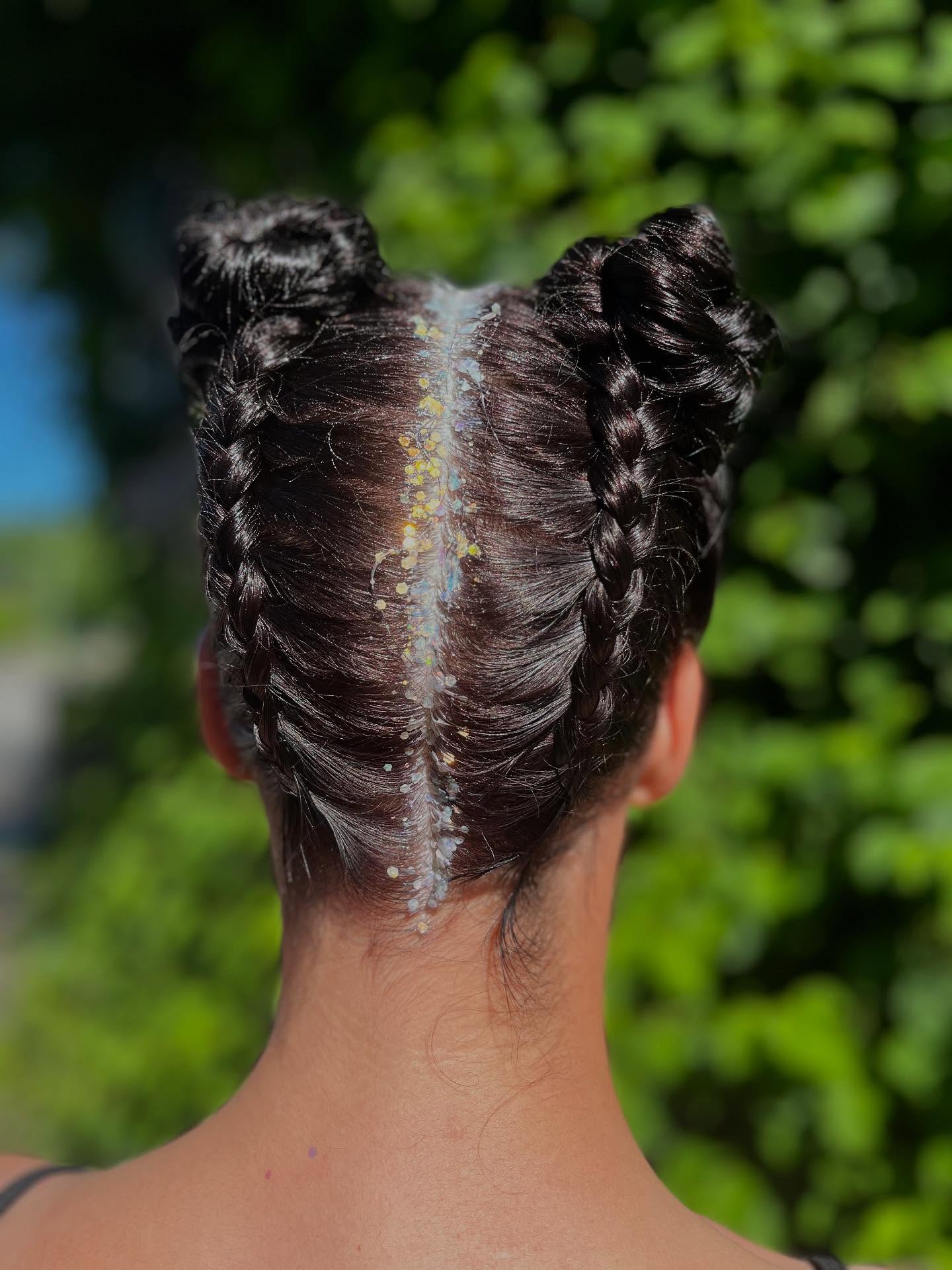 Braided Double Space Buns with Glitter Part Trail
