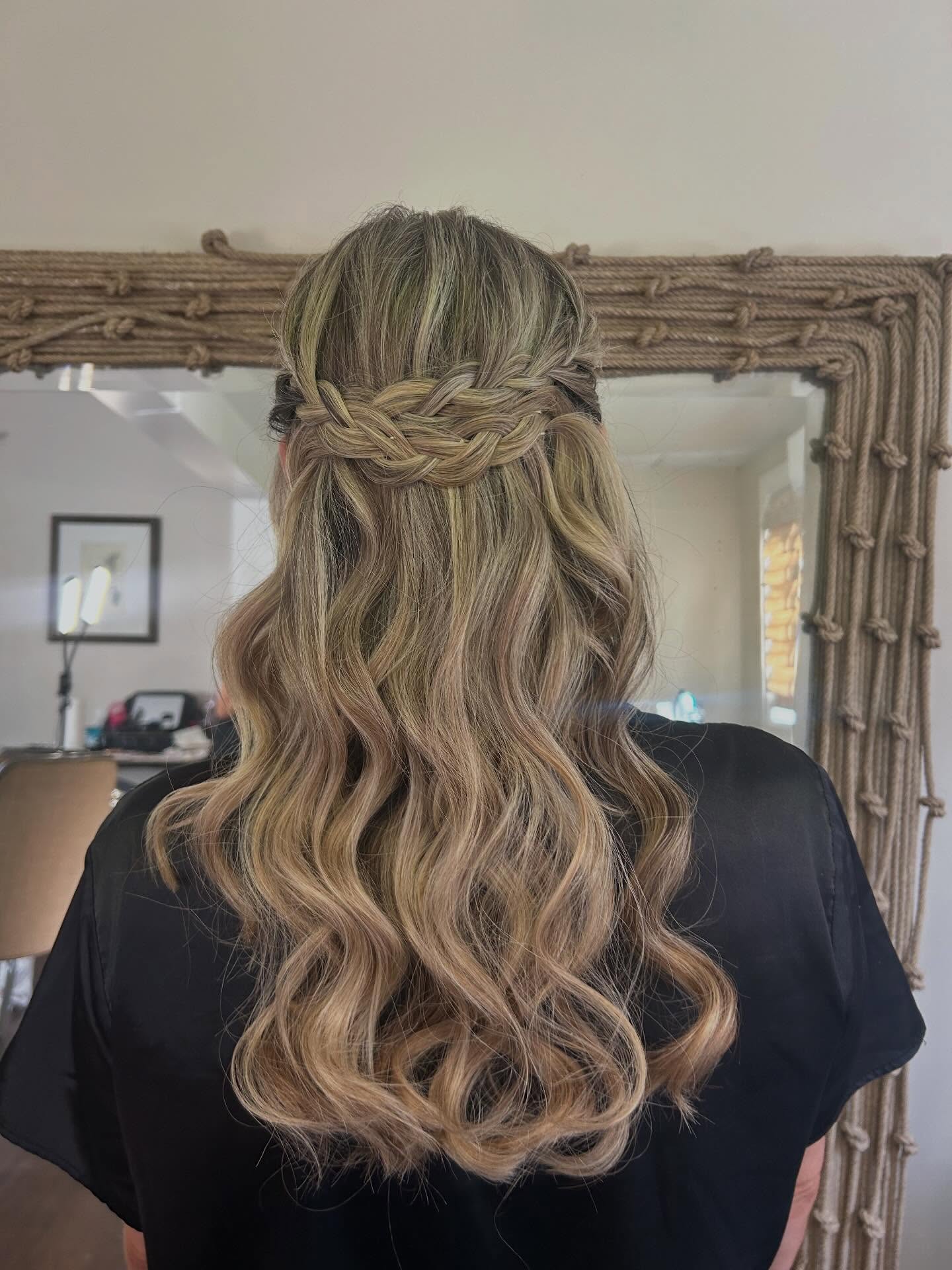 Boho Braided Half-Crown with Beachy Blonde Balayage Waves