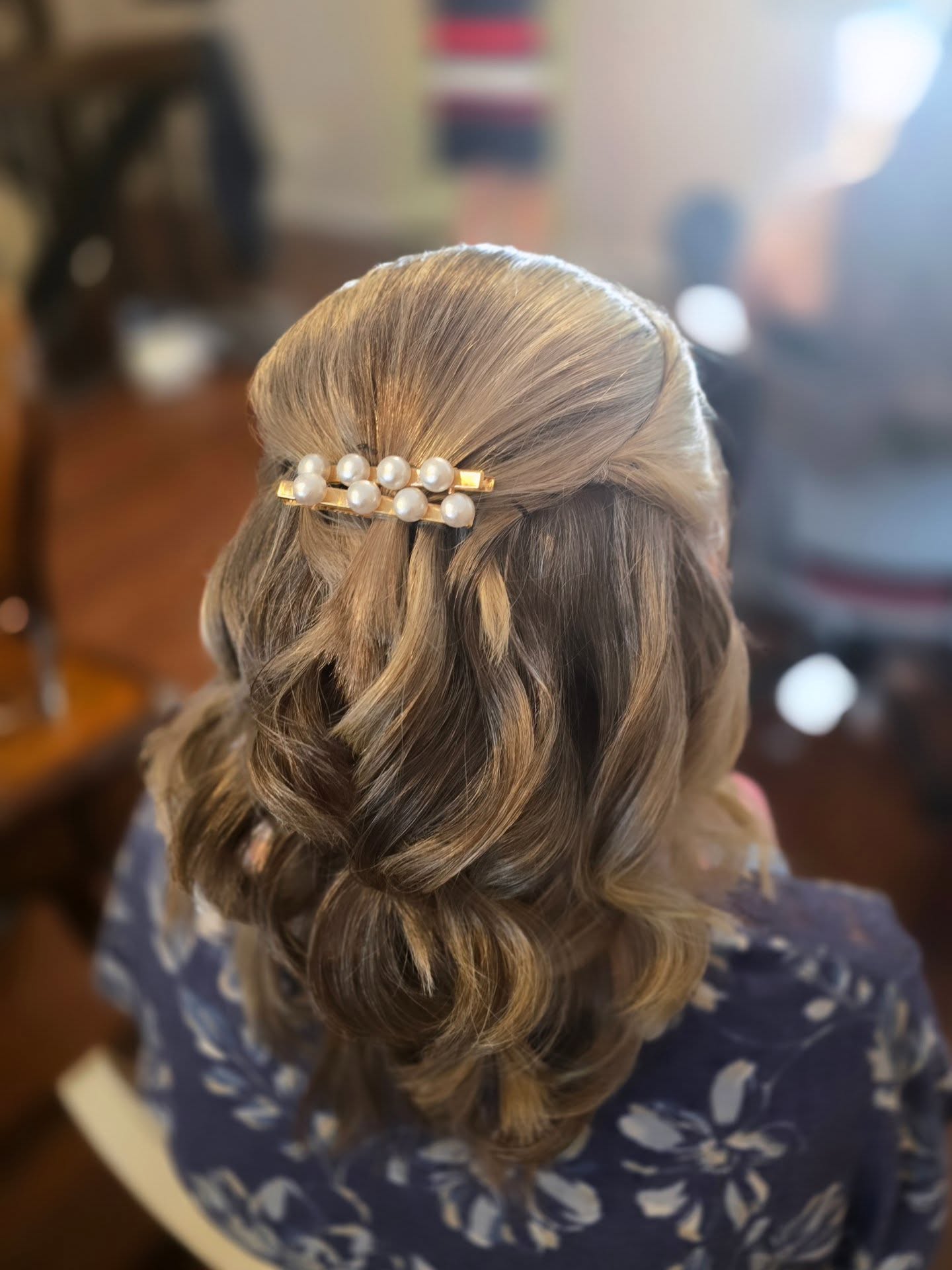 Brushed-Back Half-Up Soft Sculpted Waves with Pearl Barrette