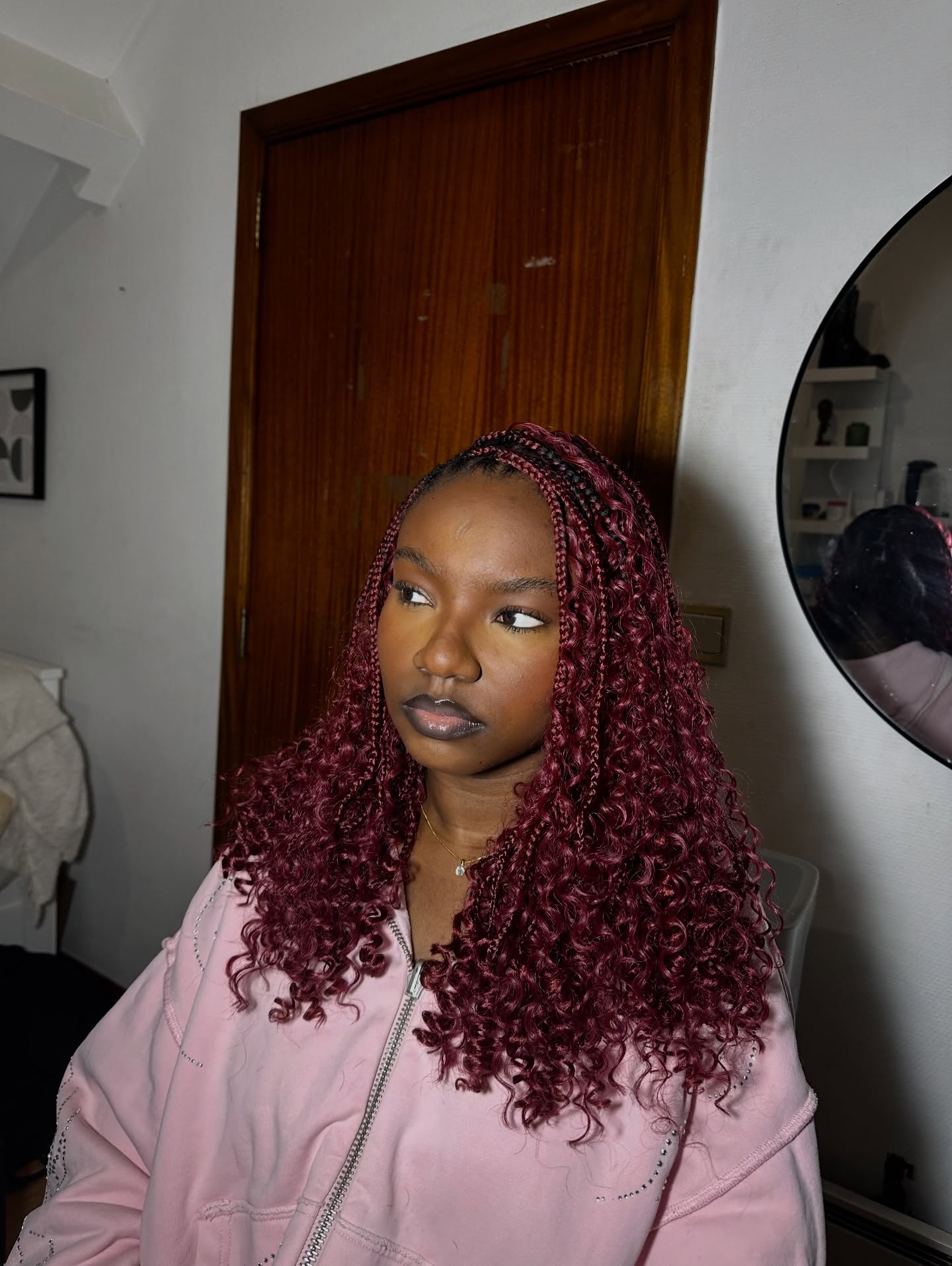 Burgundy Crochet Curls with Micro Feed-In Braids