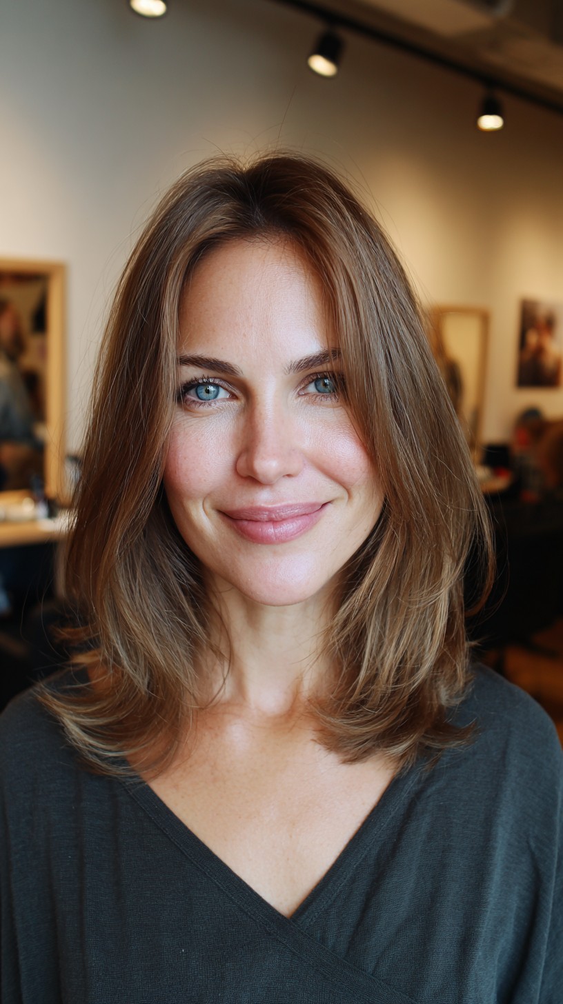 Chestnut Collarbone Lob with Subtle Balayage and Curtain Part