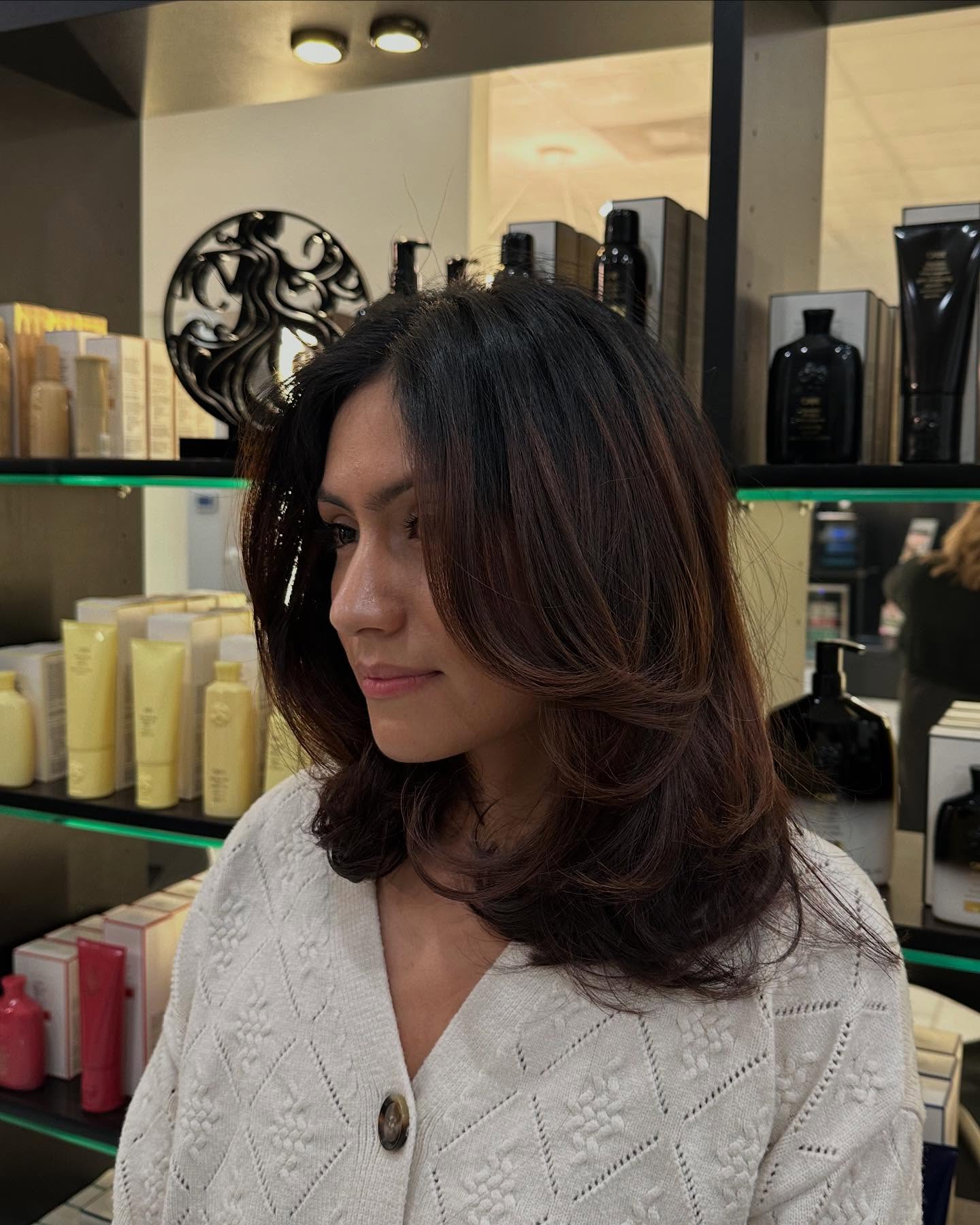 Chestnut Layered Shoulder-Length Blowout with Face-Framing Curtain Layers