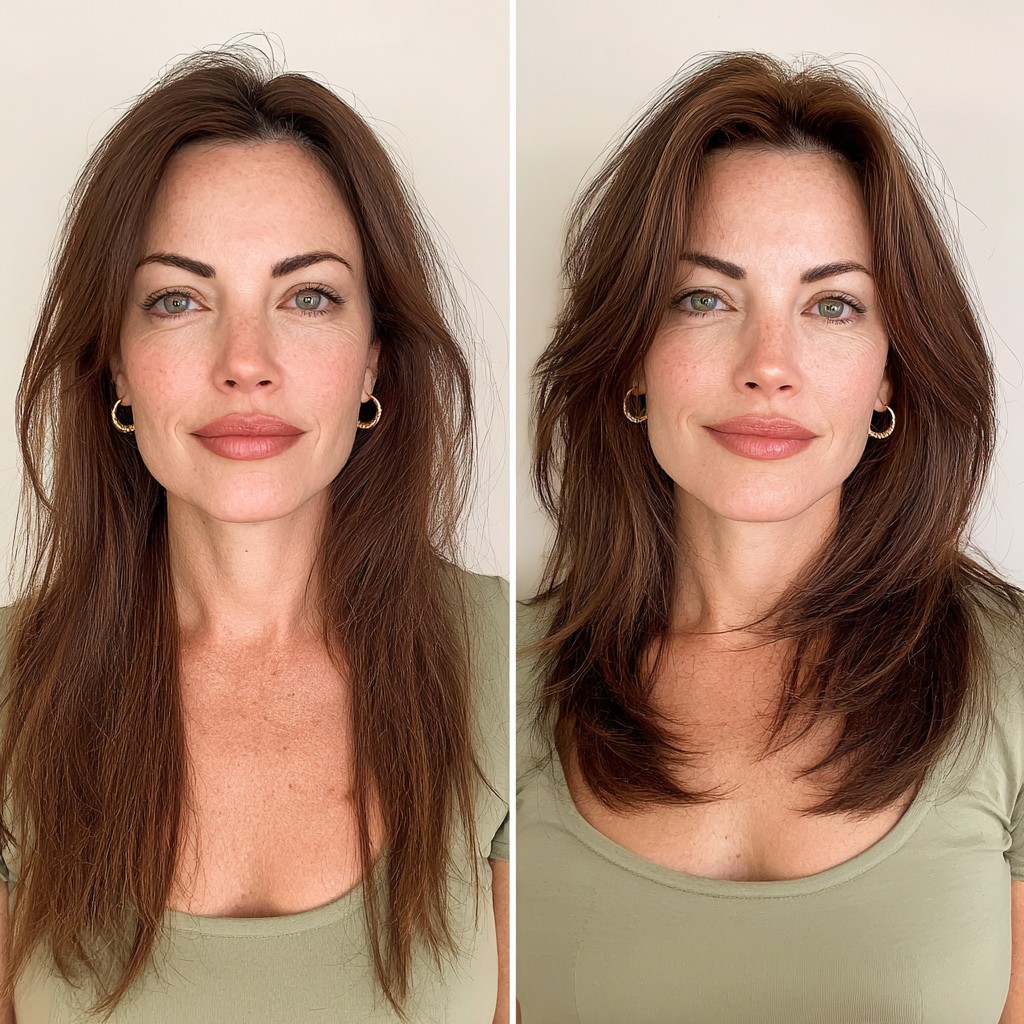Chestnut Mid‑Length Feathered Layers with Soft Face‑Framing
