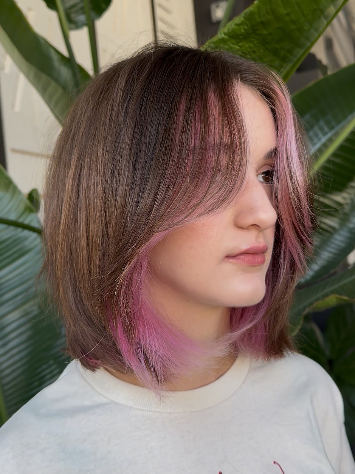 Chin-Length Blunt Bob with Pink Peekaboo Face-Framing and Soft Curtain Fringe