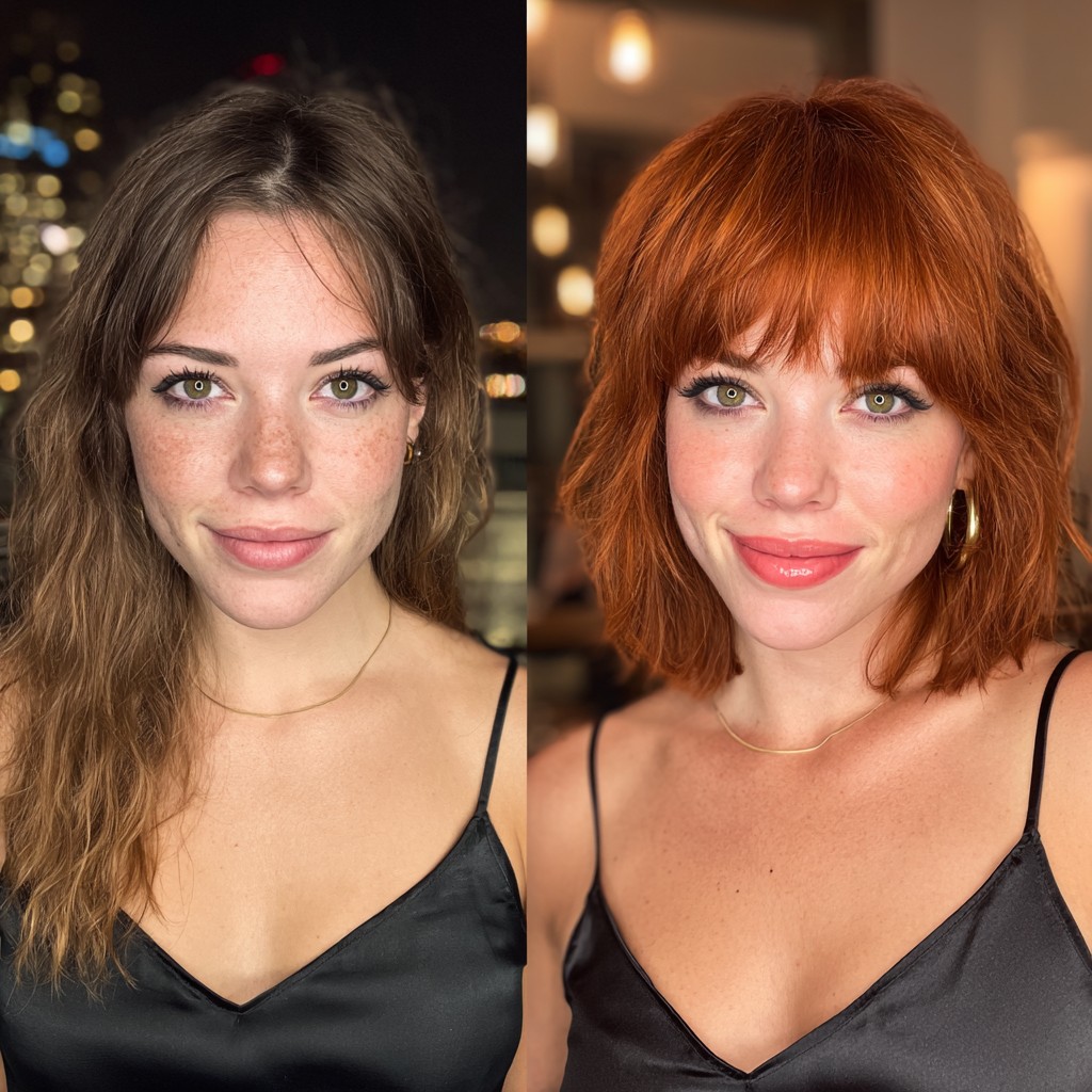 Chin-Length Textured Copper Bob with Soft Micro Fringe