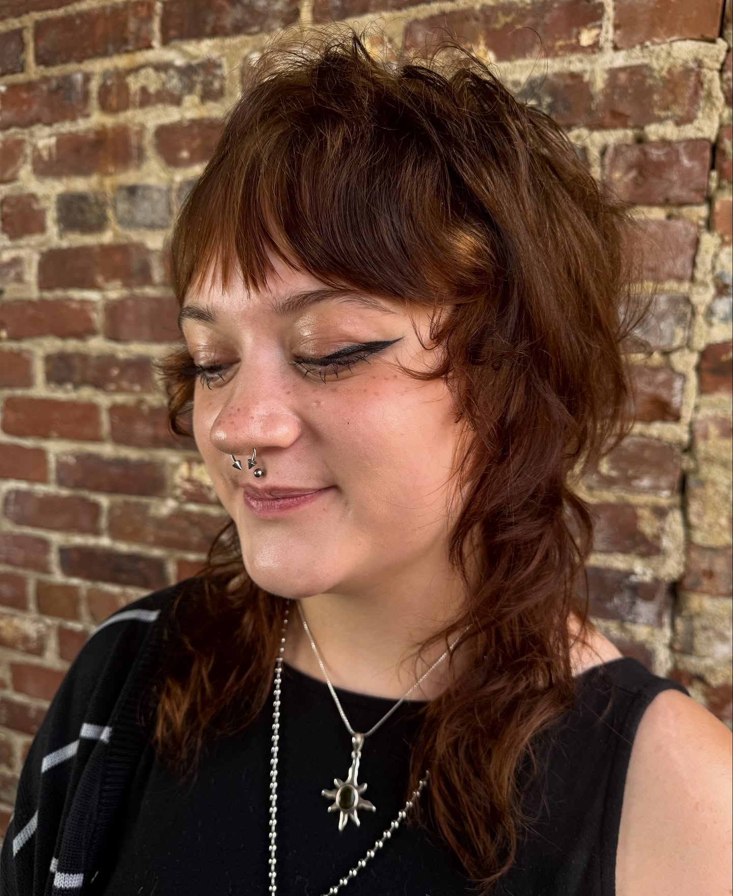 Choppy Chestnut Mullet with Micro-Bangs