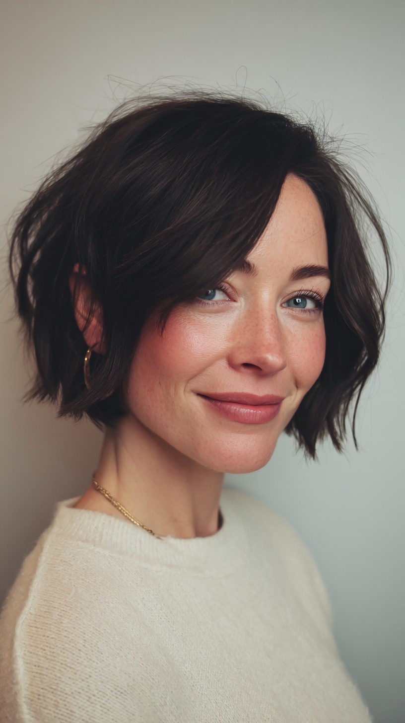 Choppy Chin-Length Bob with Side-Swept Curtain and Subtle Nape Stack