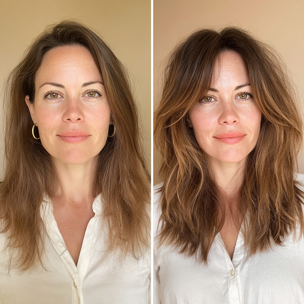 Collarbone-Length Feathered Layers with Curtain Fringe