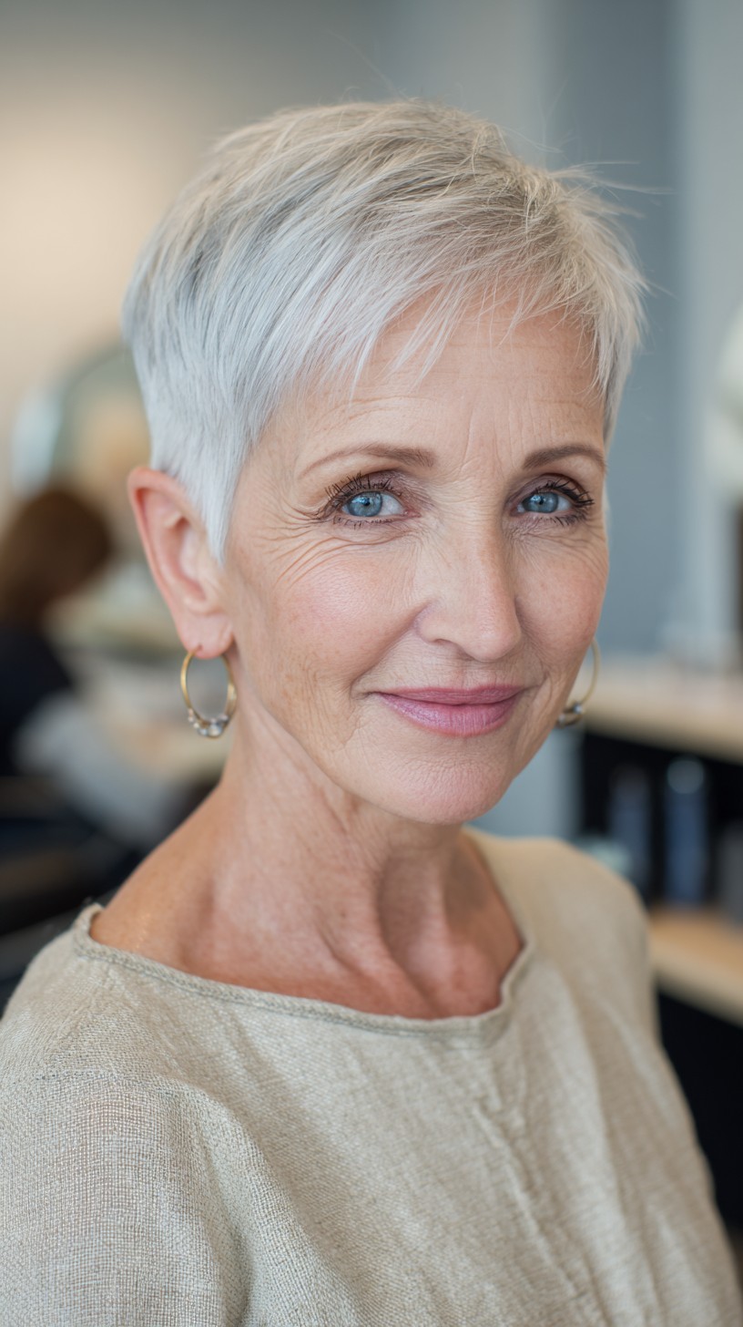 Cropped Silver Micro-Pixie with Feathered Fringe and Tapered Nape