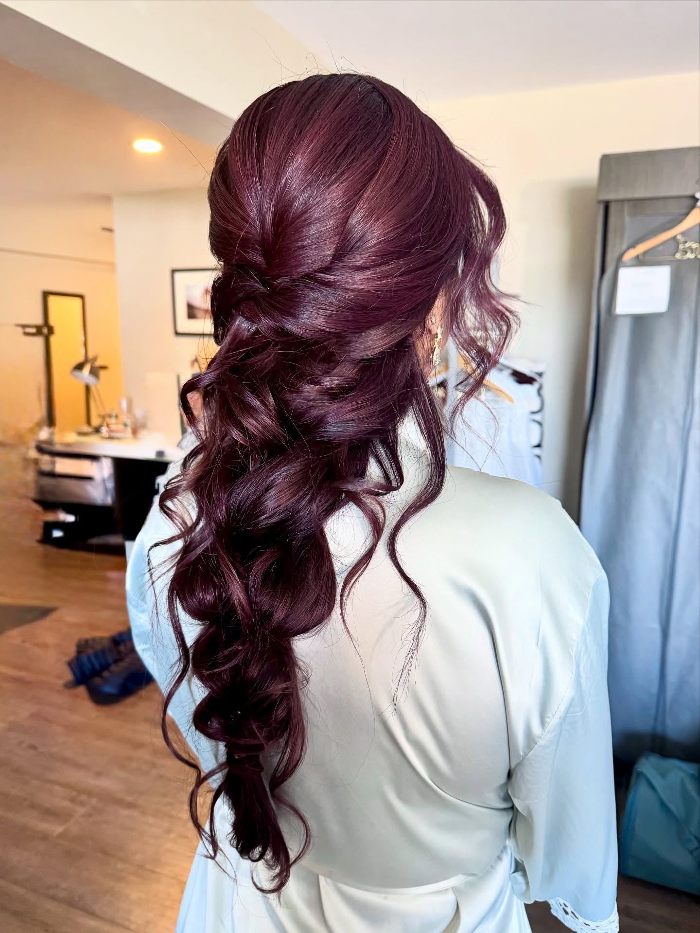Deep Burgundy Twisted Half-Up with Cascading Barrel Curls