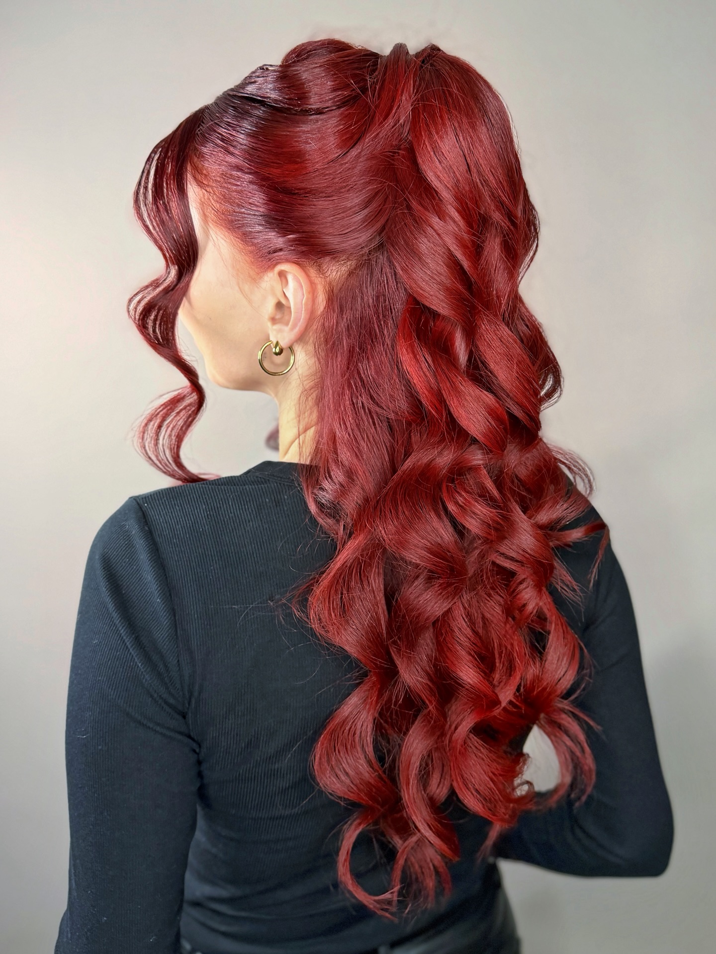 Deep Ruby Half-Up Cascading Barrel Waves