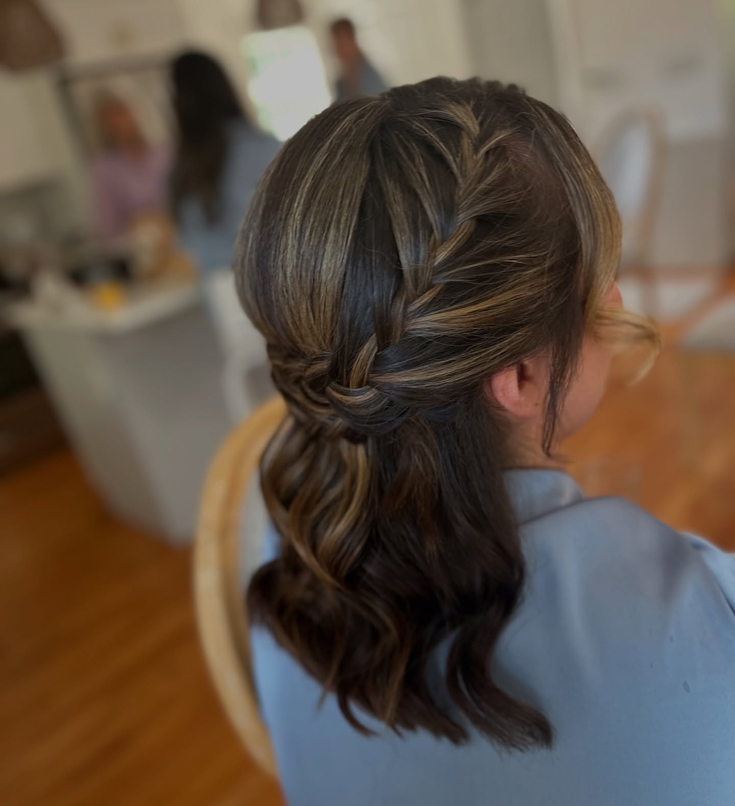 Diagonal Waterfall Braid Into Twisted Half-Up with Caramel Lowlights
