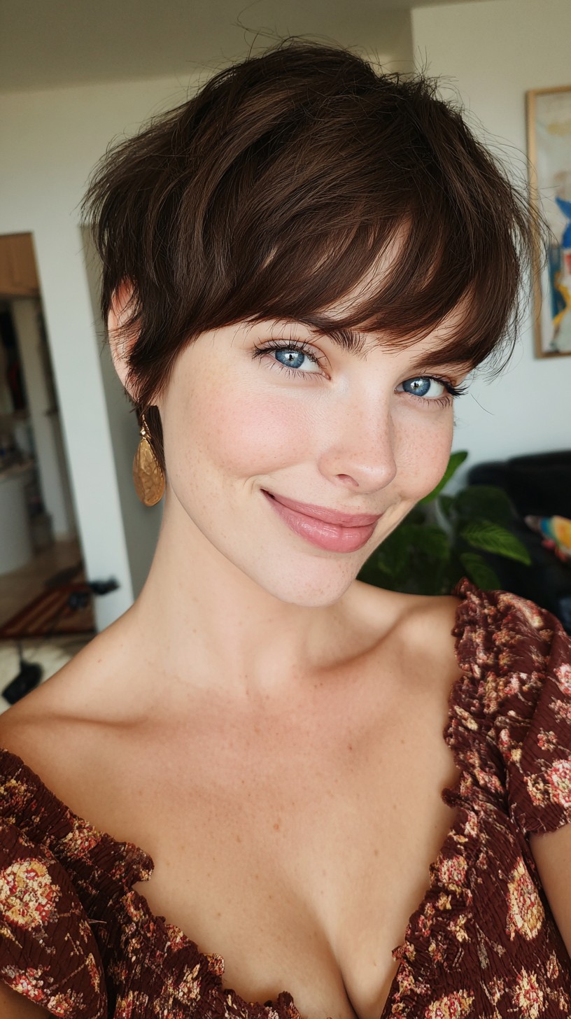Feathered Chocolate Pixie with Wispy Micro-Bangs