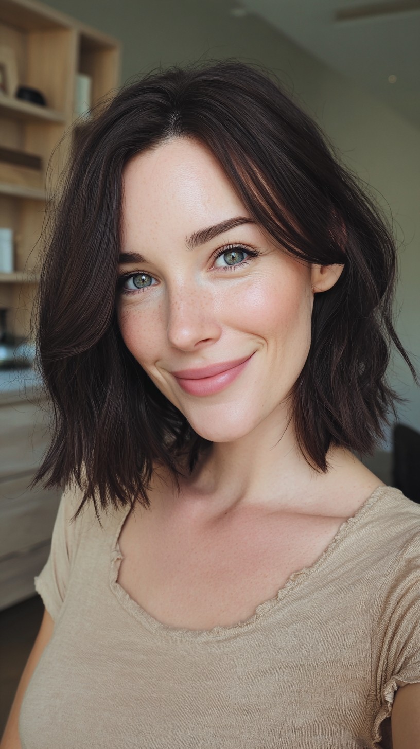 Feathered Collarbone-Length Lob with Soft Curtain Frame