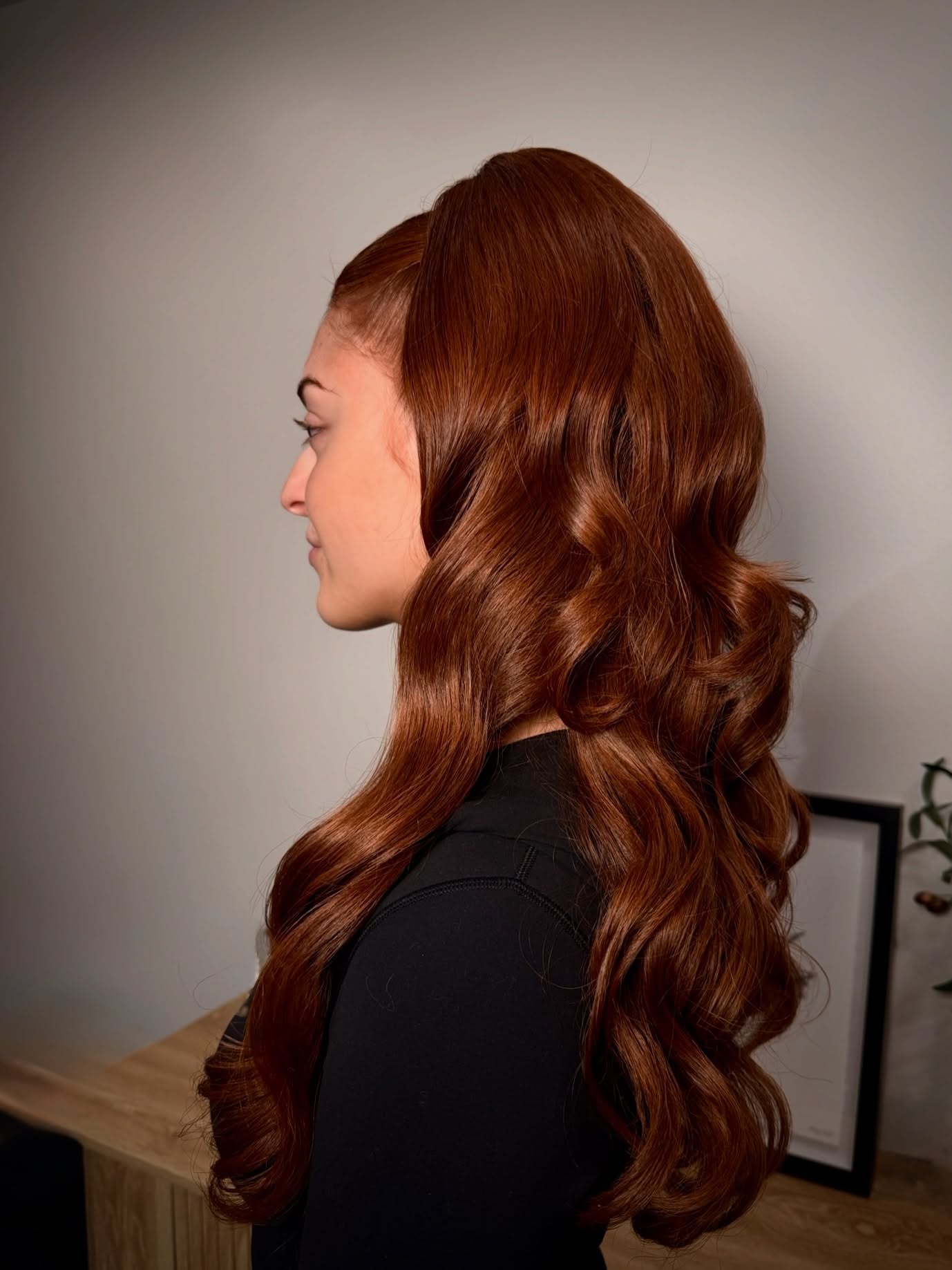 Glossy Copper Long Waves with Crown Lifted Half-Up