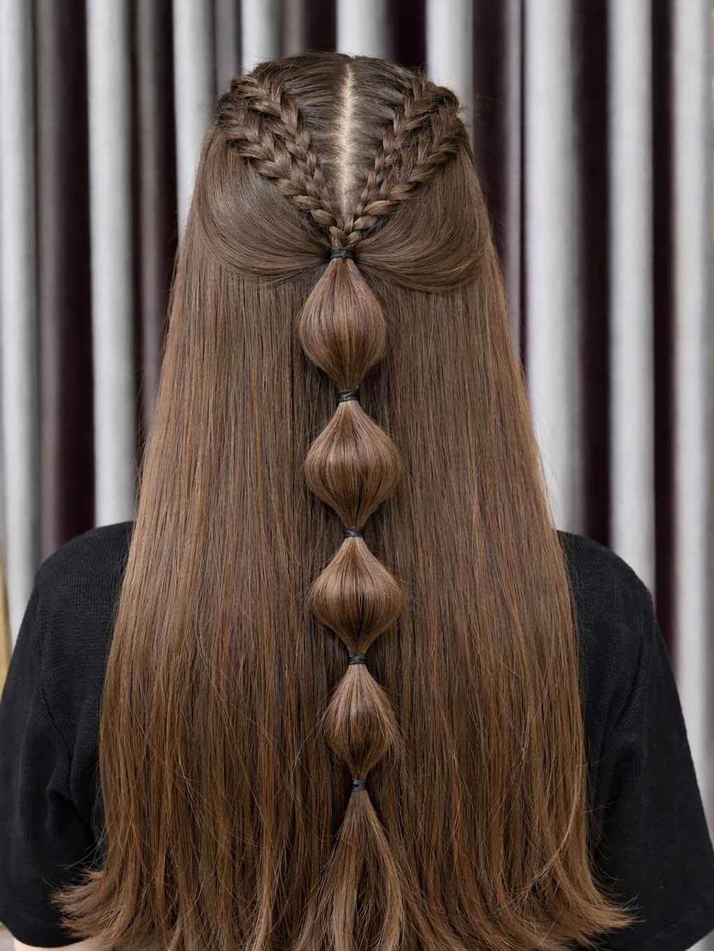 Polished Half-Up Dutch Braids into Stacked Bubble Ponytail