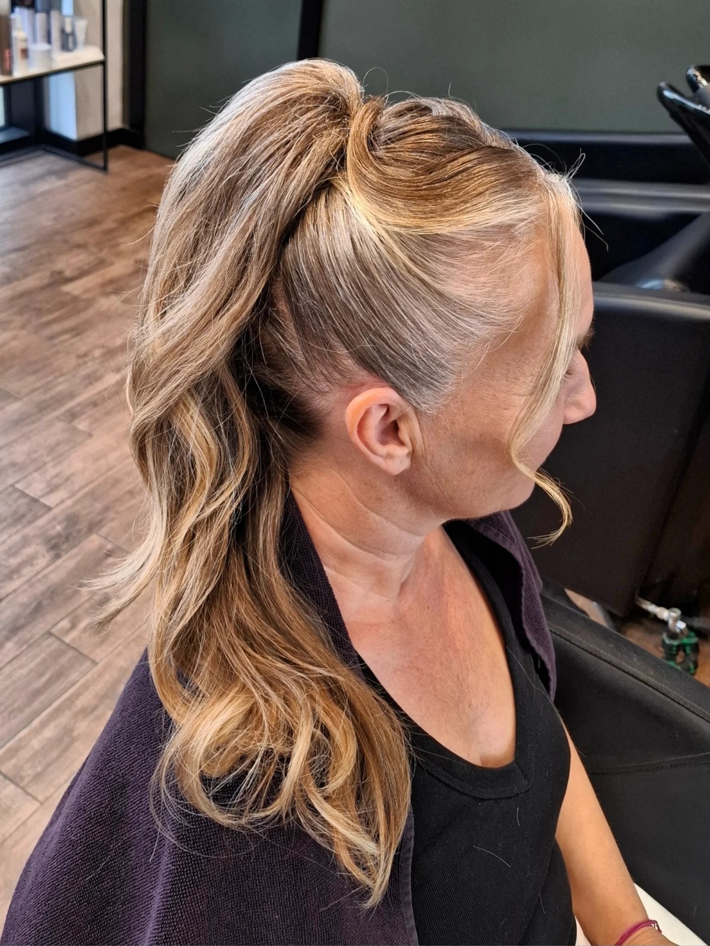 High Wrapped Ponytail with Soft S-Wave Ends and Face‑Framing Tendril