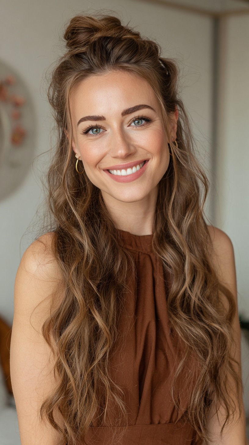 Long Beachy Waves with Messy Half-Up Topknot and Face-Framing Layers