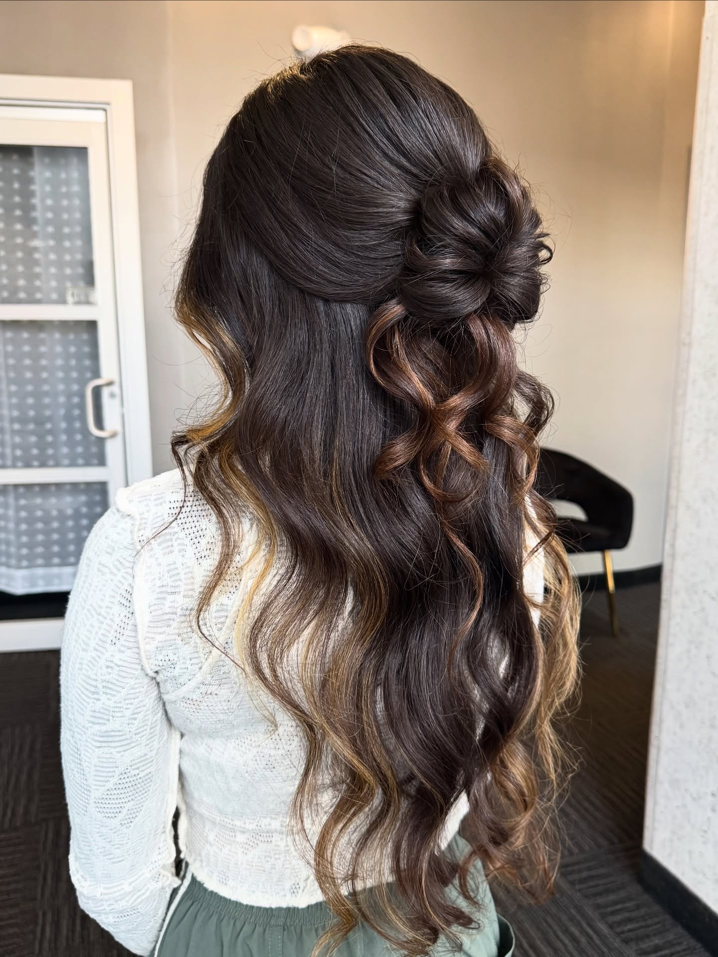 Long Dark Chocolate Balayage Half-Up Knot with Peekaboo Caramel Ribbons