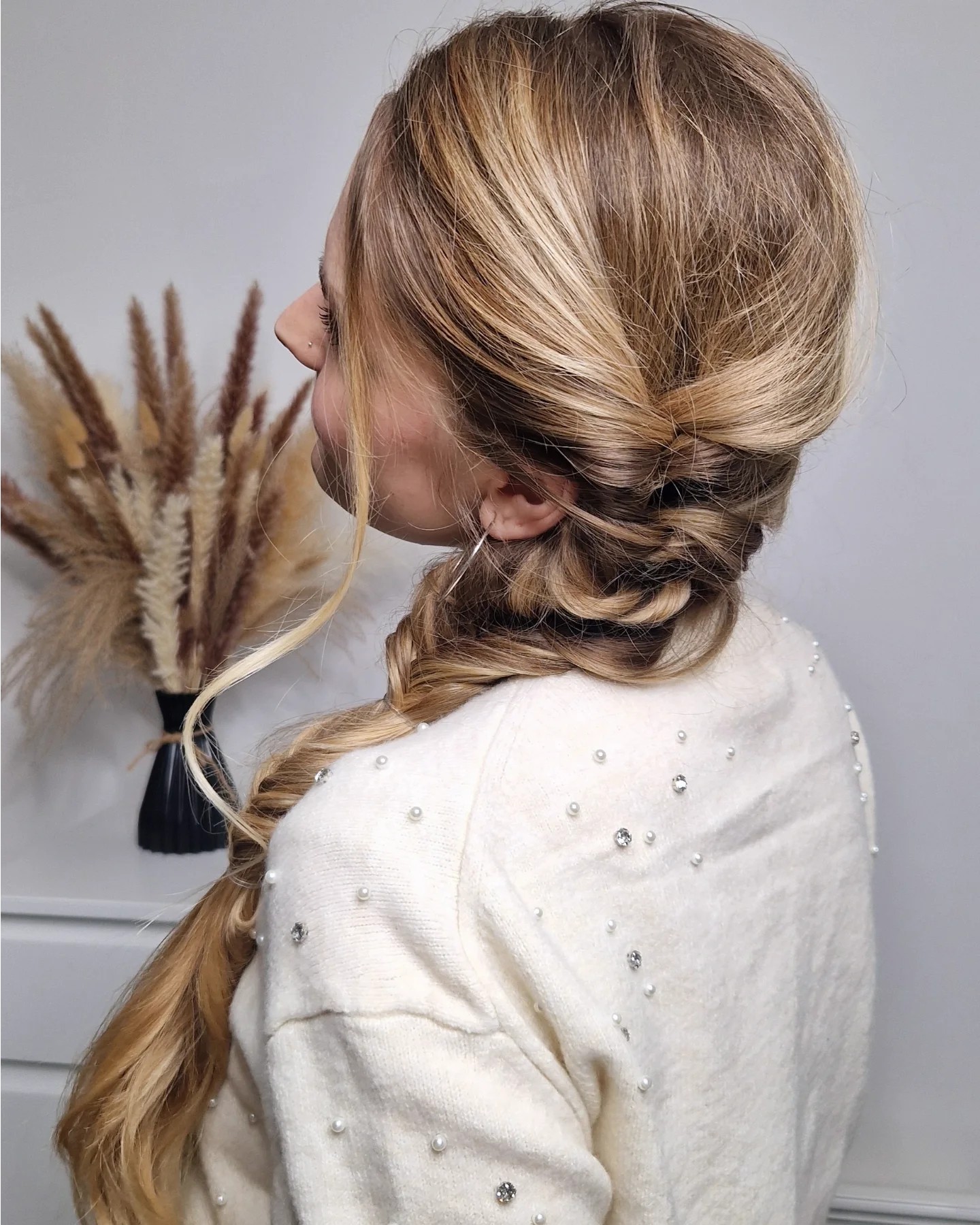 Loose Twisted Side Braid with Money-Piece Blonde Balayage