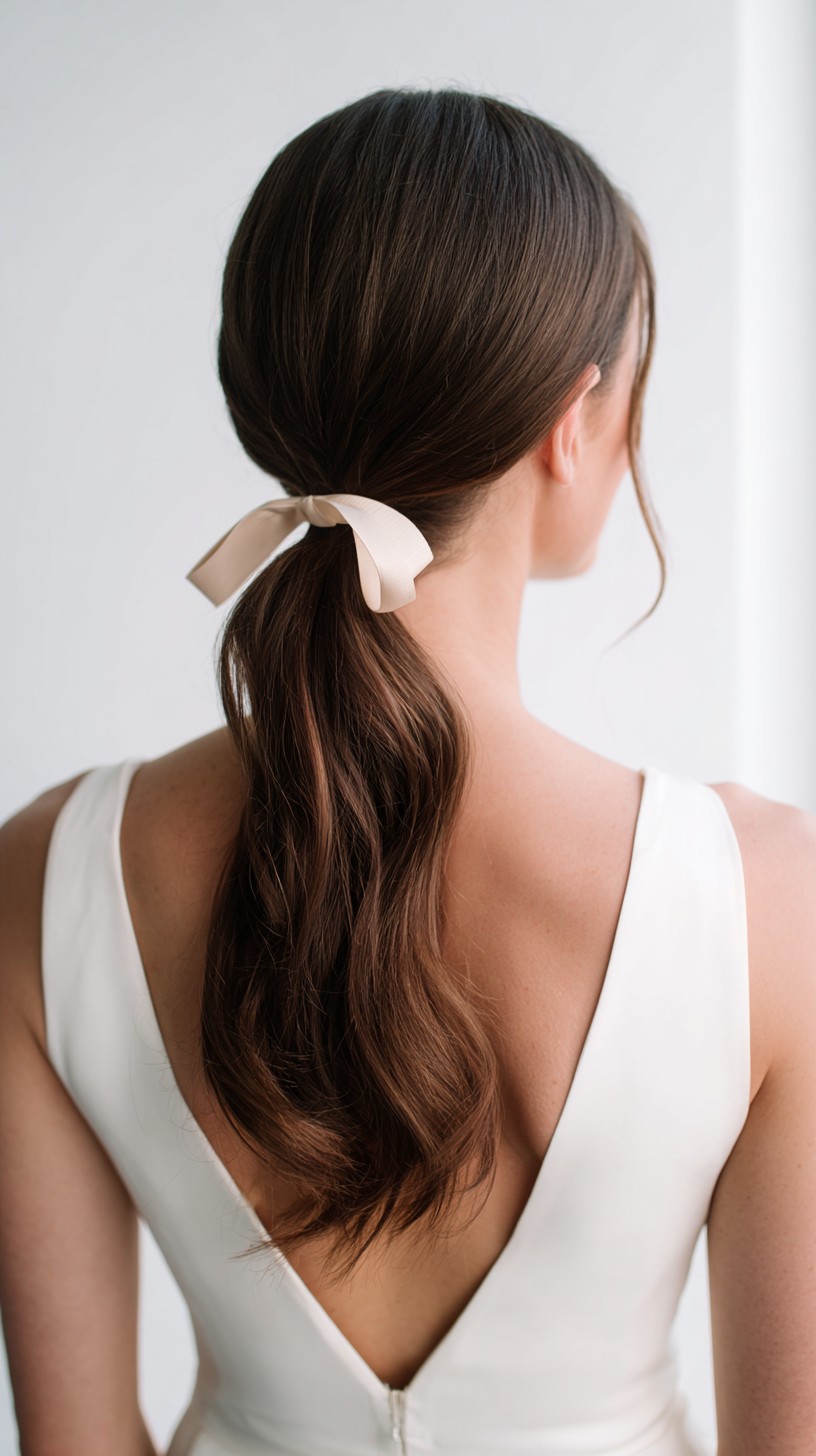 Low Ribbon-Tied Sleek Pony with Soft Face-Framing Tendrils