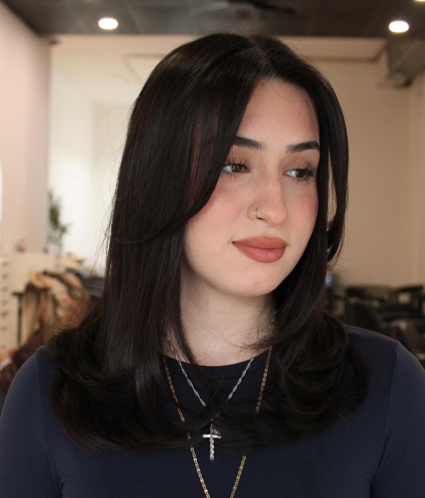 Mid-Length Curtain-Bang Lob with Swooped Ends and Interior Layers