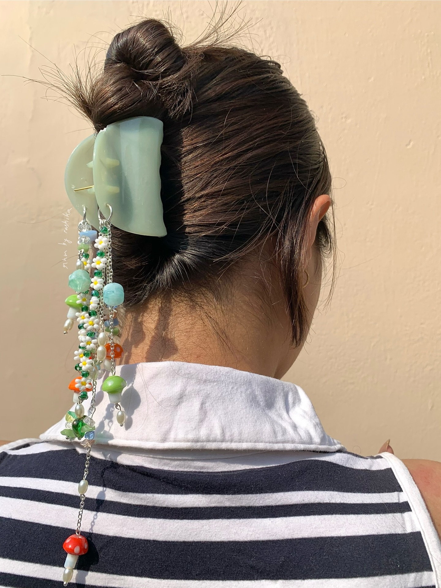 Mint Claw-Twist Mini Bun with Weighted Beaded Tassel