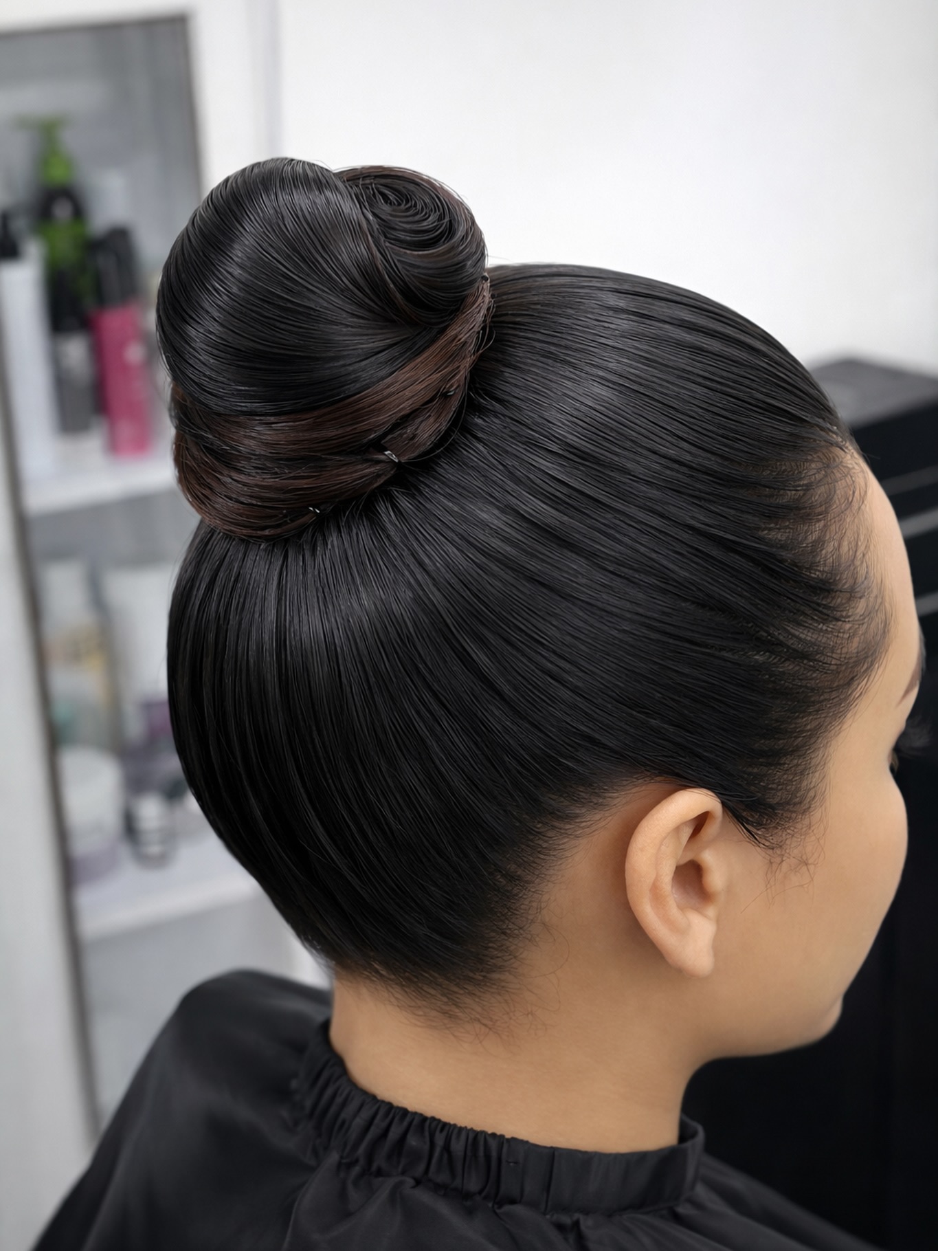 Mirror-Sleek High Bun with Subtle Chocolate Ribbon Wrap